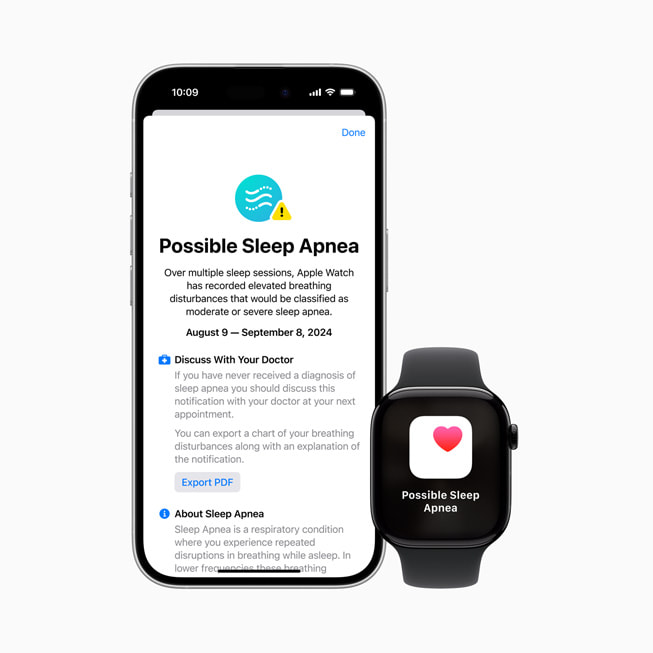 Pantallas de un iPhone 16 Pro y un Apple Watch Series 10 que dicen “Posible Apnea del Sueño”. La pantalla del iPhone 16 Pro ofrece más detalles.