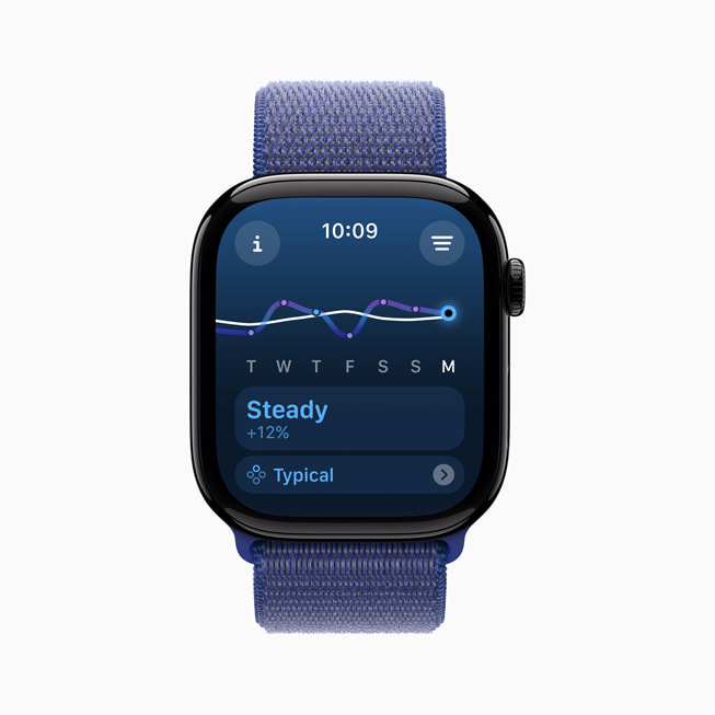 Un Apple Watch Series 10 muestra la carga de entrenamiento de un usuario, clasificada como “estable”.
