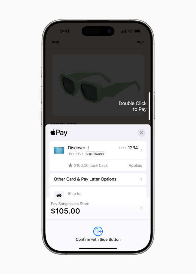 In Apple Pay, a user uses their Discover cash back rewards to pay for a pair of sunglasses.