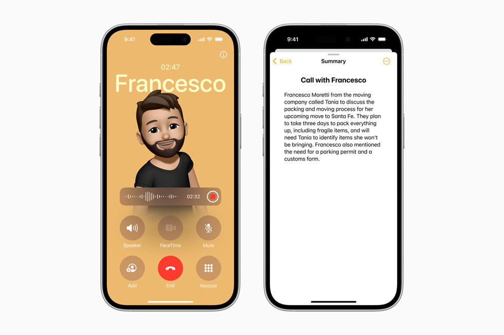 In der Telefon App auf dem iPhone 16 wird die Zusammenfassung eines Anrufs einer Person gezeigt.