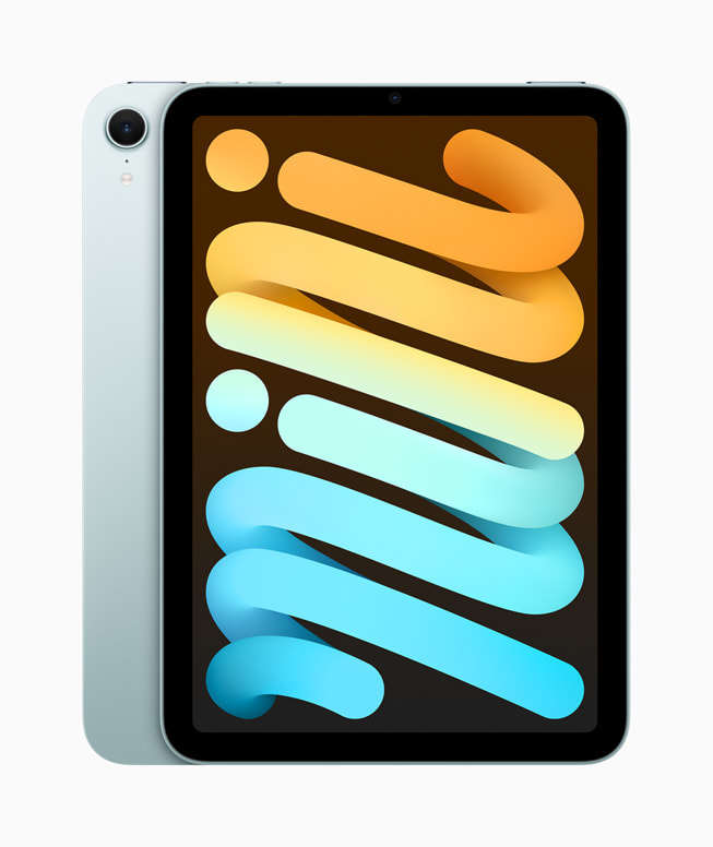 Den nye iPad mini vist i den nye blå farve.