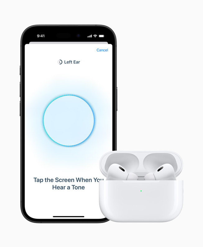 La fonctionnalité Test d’audition affichée sur l’écran d’un iPhone 16 Pro, à côté des AirPods Pro 2.
