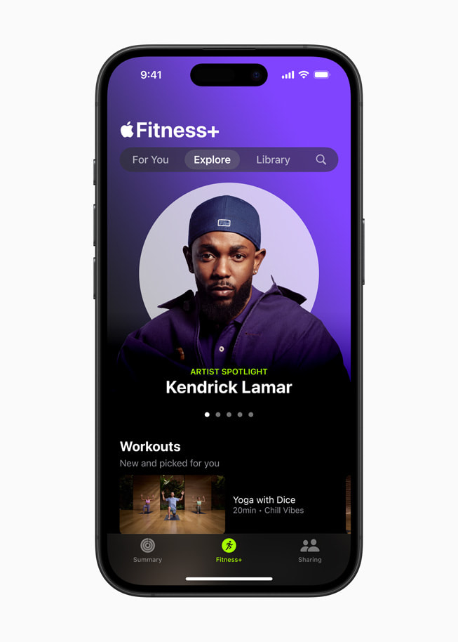 The new Kendrick Lamar Artist Spotlight is shown in Apple Fitness+ on iPhone 16 Pro.