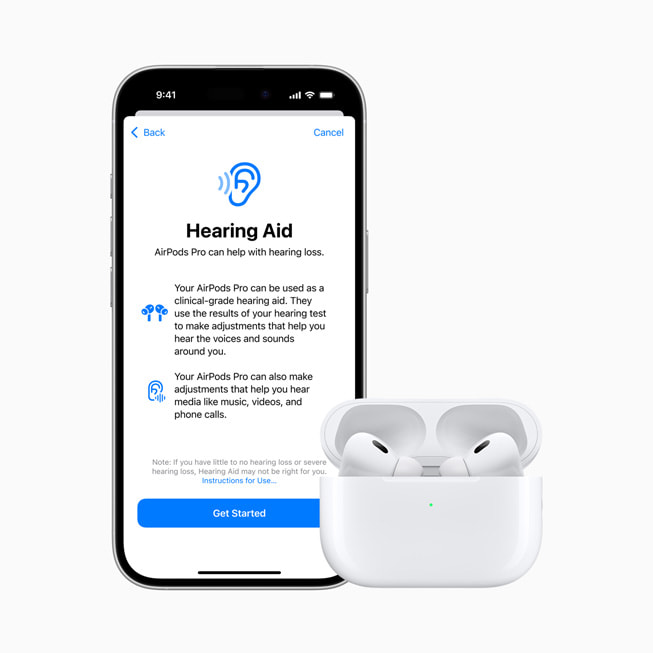 The new Hearing Aid feature is shown on iPhone 16 Pro alongside AirPods Pro 2.