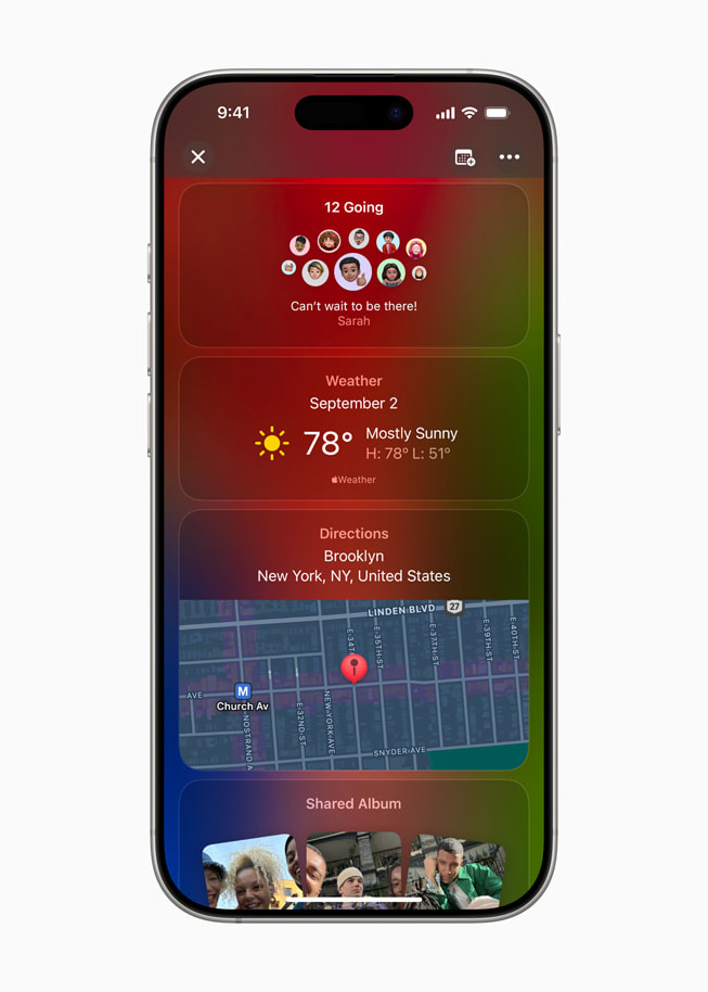On iPhone 16 Pro in the Apple Invites app, an event’s guest list and shared photo album are shown.