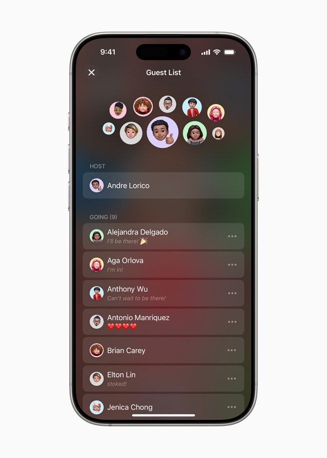 On iPhone 16 Pro, an invitation’s guest list is shown in Apple Invites.
