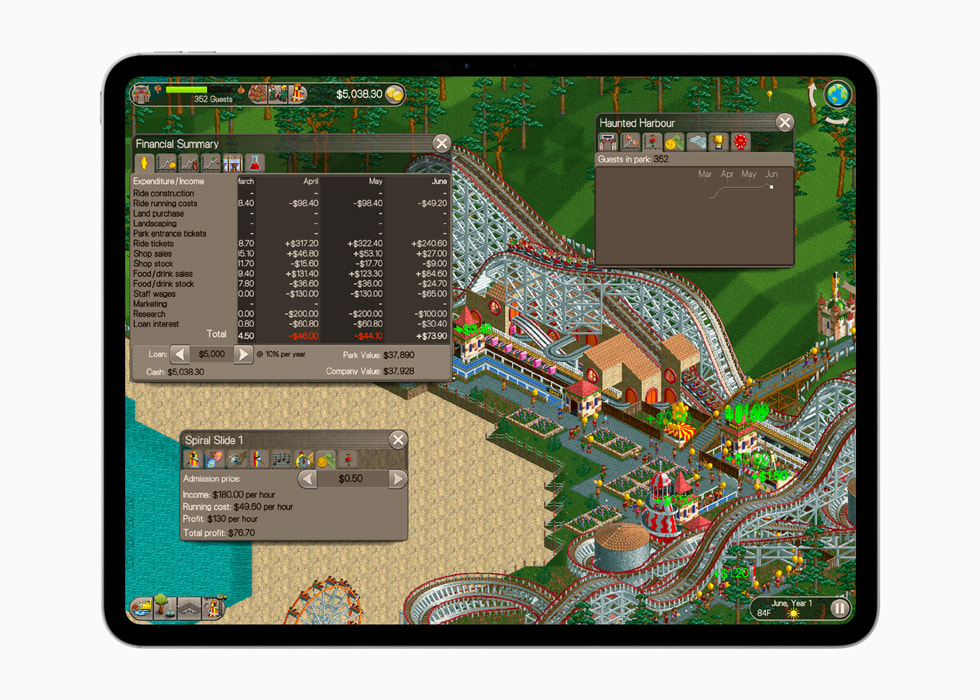 A still from RollerCoaster Tycoon Classic+ by Atari. Shown on iPad Pro.