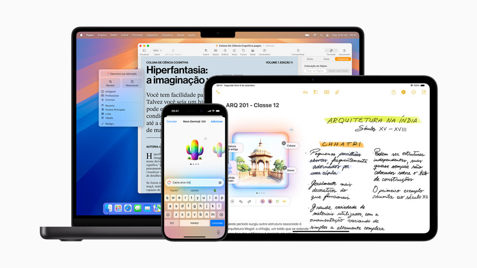 Recurso Reescrever, Image Playground e criação de Genmoji mostrados no MacBook Pro, iPhone 16 e iPad Pro.