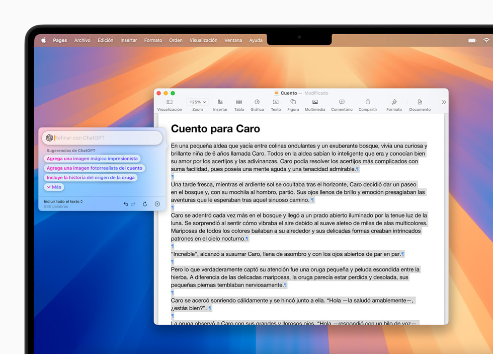 Se muestran las Herramientas de Escritura con la integración de ChatGPT en Pages en macOS Sequoia.