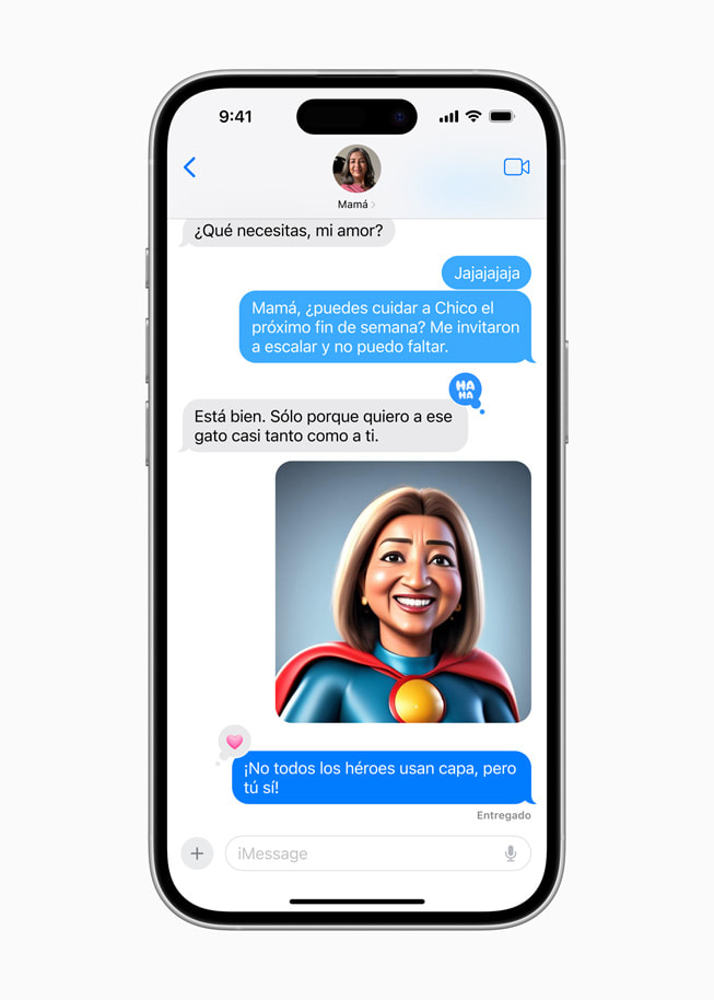 Se muestra una creación con el estilo Animación de Image Playground en Mensajes en un iPhone 16.