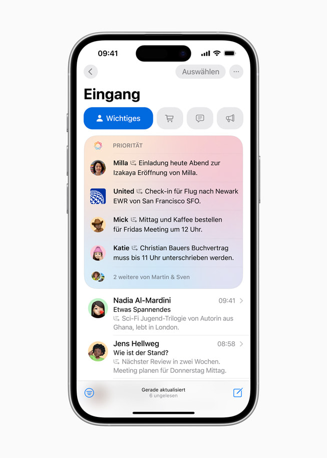 Priorisierte Nachrichten mit einer Liste wichtiger E-Mails auf einem iPhone 16.
