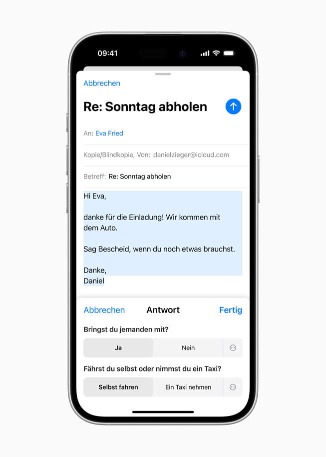 Intelligente Antworten mit Aufforderungen, in denen gefragt wird, ob der:die Partner:in des:der Nutzer:in selbst fährt oder einen Uber nimmt auf einem iPhone 16.
