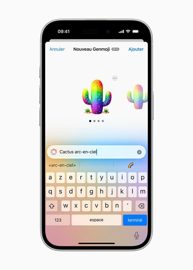 Création de Genmoji affichée sur un iPhone 16.