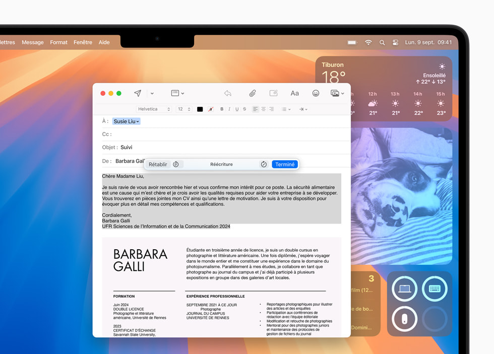 Un MacBook Pro affiche les Outils d’écriture dans Mail.