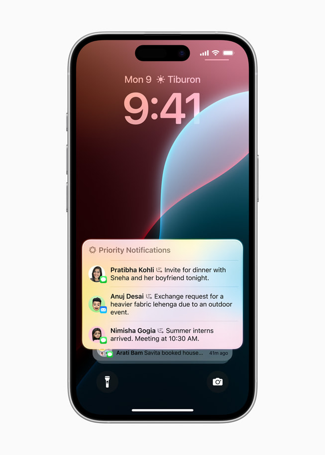 iPhone 16 shows a list of Priority Notifications, including an invite for dinner, an Instacart order, and a meeting.  