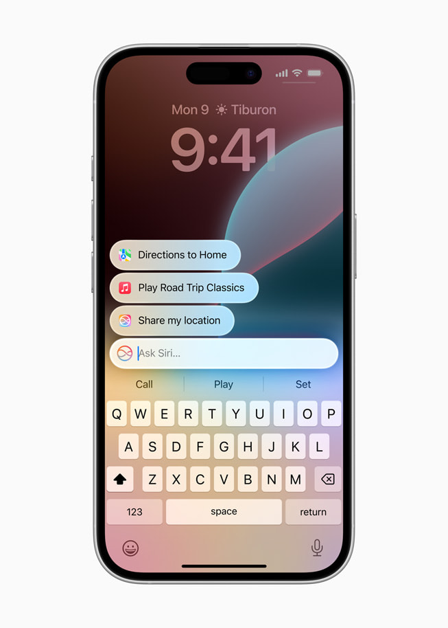 iPhone 16 shows a Siri screen with prompts to get directions home, play music, and share an ETA with a contact.