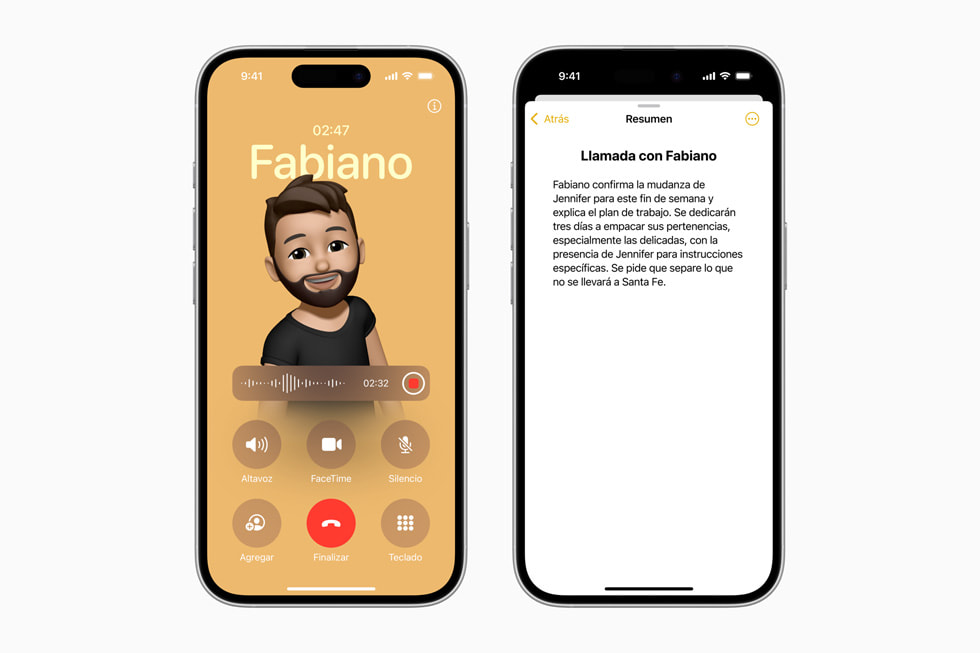 En un iPhone 16 Pro, se muestra una grabación de audio y una segunda pantalla con un resumen de la transcripción de la llamada.