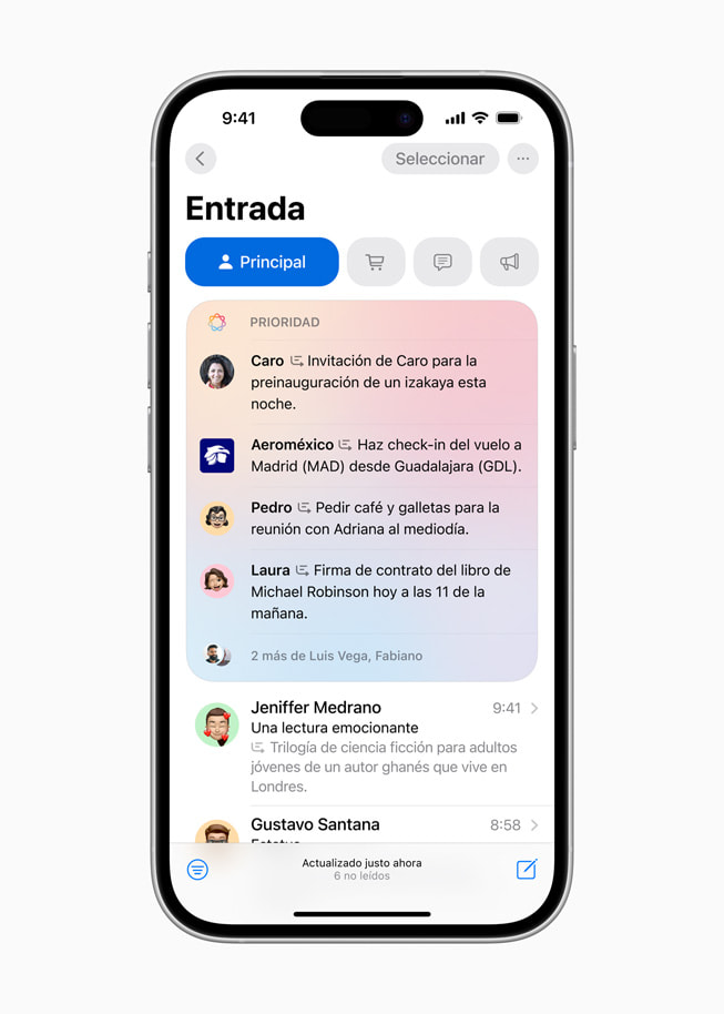 En un iPhone 16, se muestra una pantalla de Mensajes Prioritarios con una lista de emails importantes.