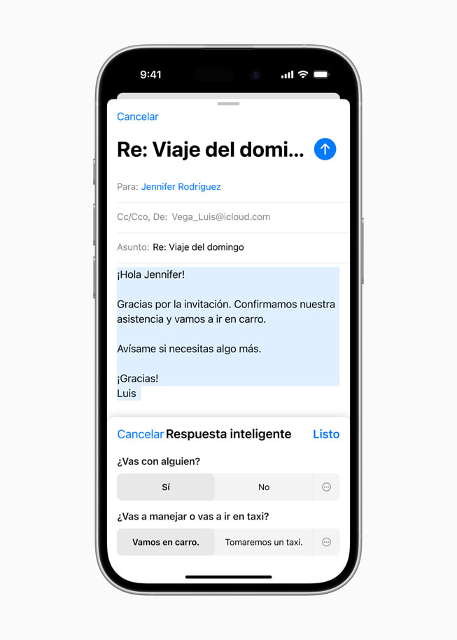 En un iPhone 16, se muestra una pantalla de Respuestas Inteligentes con un mensaje en el que se consulta si el socio del usuario se unirá y si el usuario conducirá o tomará un Uber.