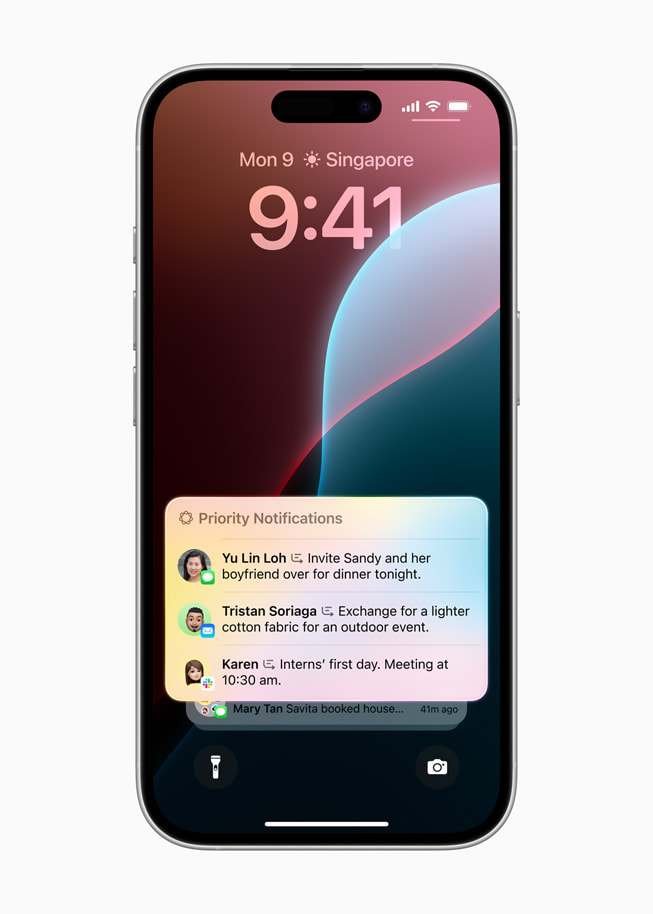 iPhone 16 shows a list of Priority Notifications, including an invite for dinner, an Instacart order, and a meeting.  