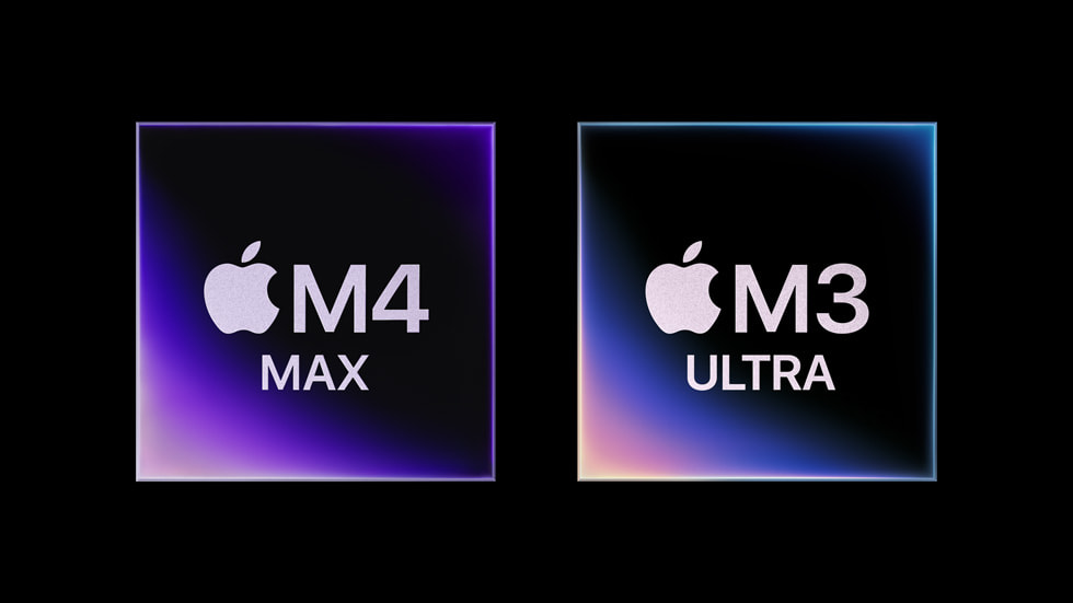 Two Apple silicon chips (M4 Max and M3 Ultra) side by side.