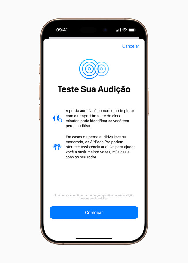 Um iPhone 16 Pro mostra a tela inicial do recurso Teste de Audição.
