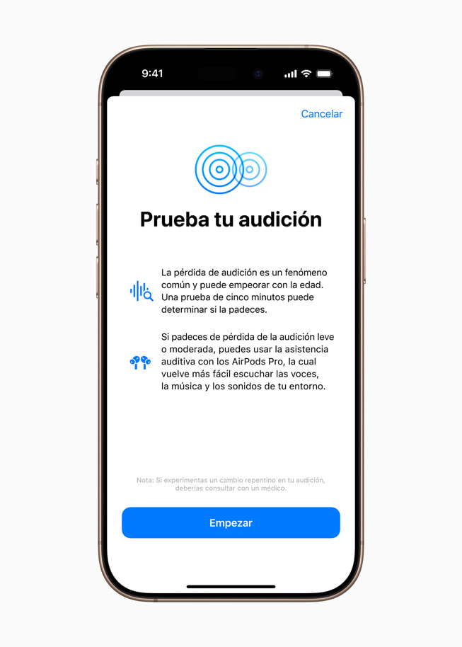 Pantalla de inicio de la funcionalidad Prueba de Audición en un iPhone 16 Pro.