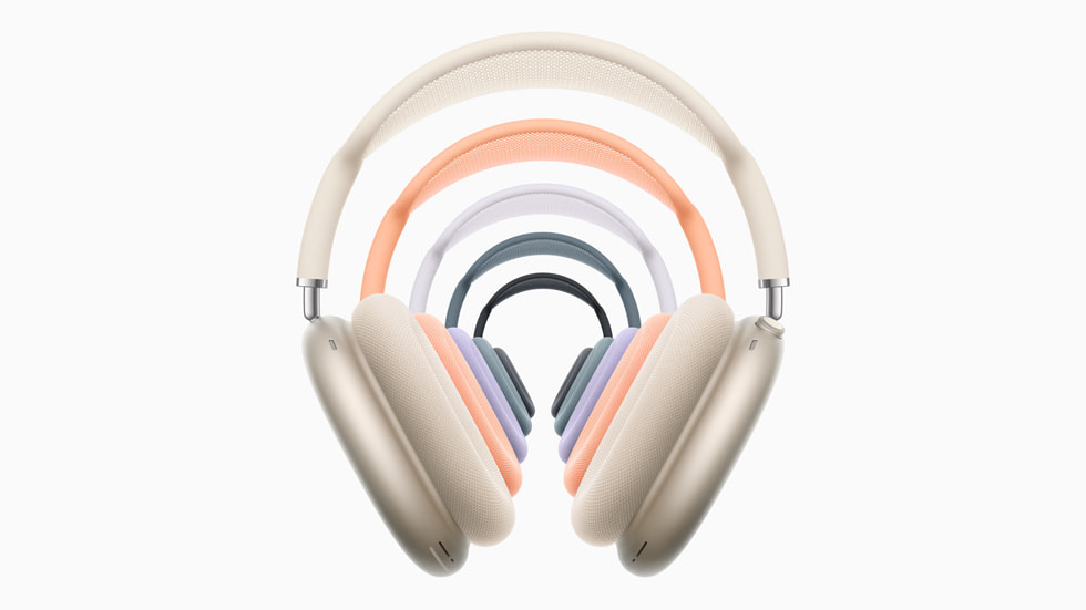 A stack of five pairs of AirPods Max in a range of colors.