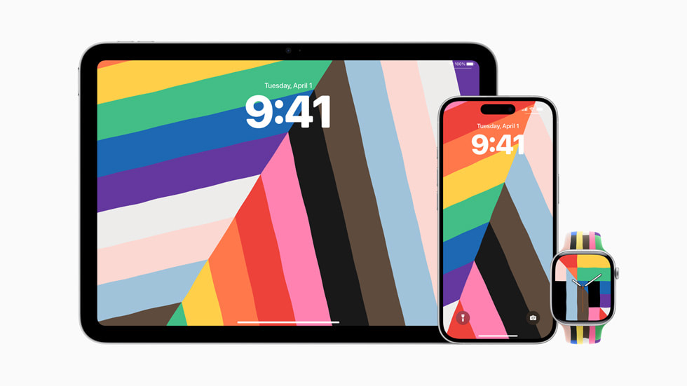 The Pride Harmony wallpaper is shown on iPad, iPhone 16 Pro, and Apple Watch.