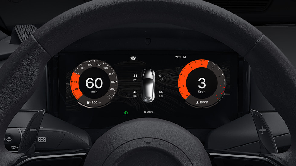 A CarPlay Ultra instrument cluster theme shows thick red bars on the speedometer and tachometer.