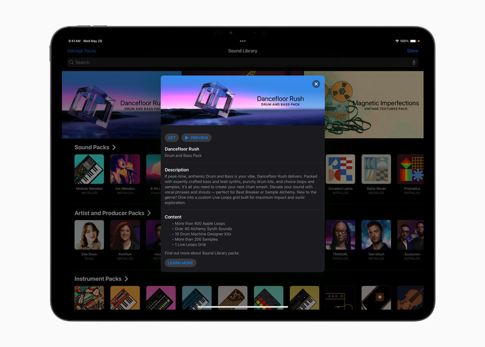 The new Dancefloor Rush sound pack is shown in Logic Pro on iPad.