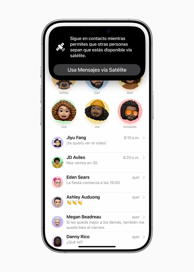 En un iPhone 16 Pro, un usuario recibe una notificación para usar Mensajes vía satélite.