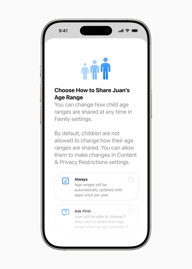 An image of setting the options for sharing a child’s age range on iOS, as displayed on iPhone.