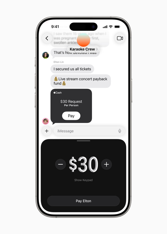 On iPhone 16 Pro, the Messages app shows the ability to send an Apple Cash request within a group conversation.