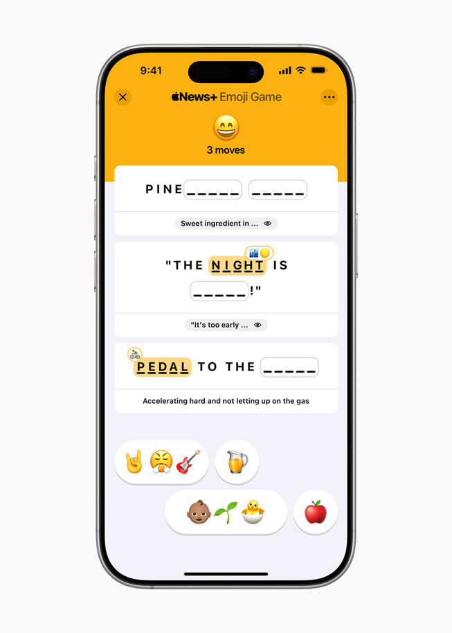 On iPhone 16 Pro, Apple News shows the new Apple News+ Puzzles title Emoji Game.