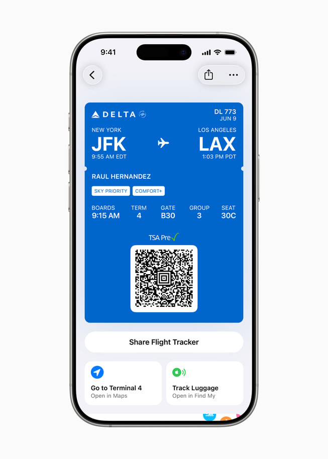 On iPhone 16 Pro, Apple Wallet shows the refreshed boarding pass experience in Apple Wallet.