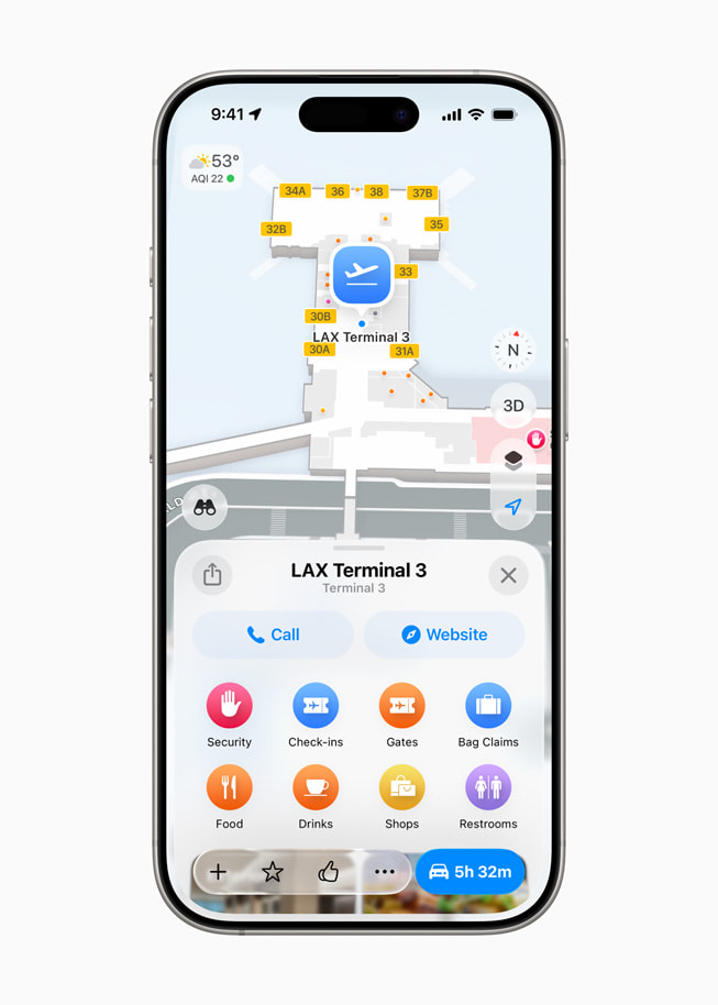iPhone 16 Pro shows an indoor map of an airport terminal.