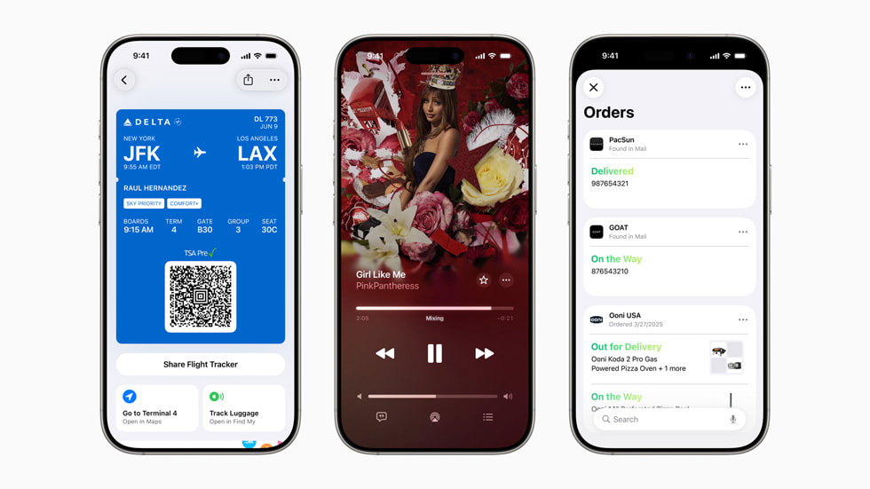 Tre dispositivi iPhone 16 Pro mostrano i prossimi aggiornamenti dei servizi Apple. Da sinistra a destra: Traduzione dei testi in Apple Music e tracciamento degli ordini in Apple Wallet.