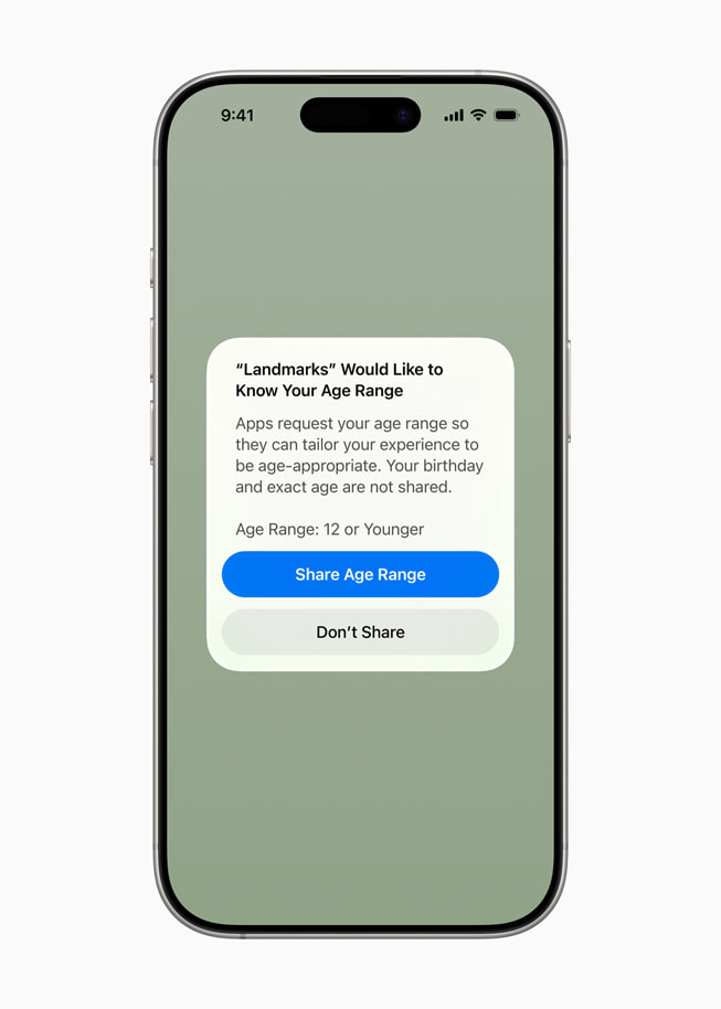 A screen on iPhone 16 Pro shows a prompt from an app asking a user to share an age range.