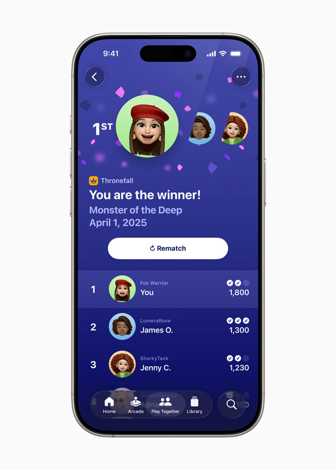The leaderboard after a challenge between friends in the Apple Games app displayed on iPhone 16 Pro.