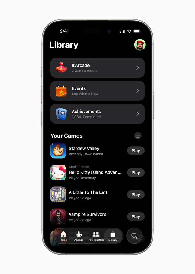 The Library tab in Apple Games displayed on iPhone 16 Pro. 