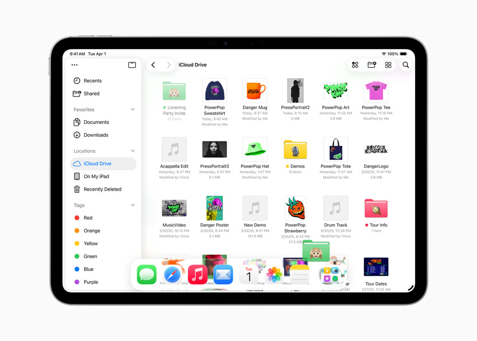 The ability to drag a folder directly into the Dock is shown in the Files app.