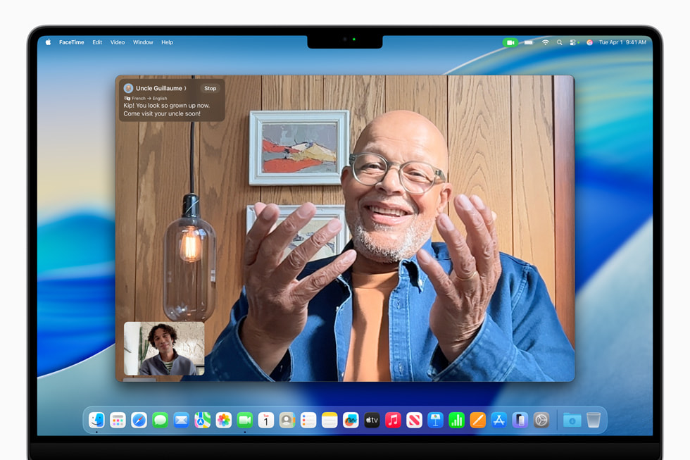 A FaceTime screen with Live Translation on 16-inch MacBook Pro.