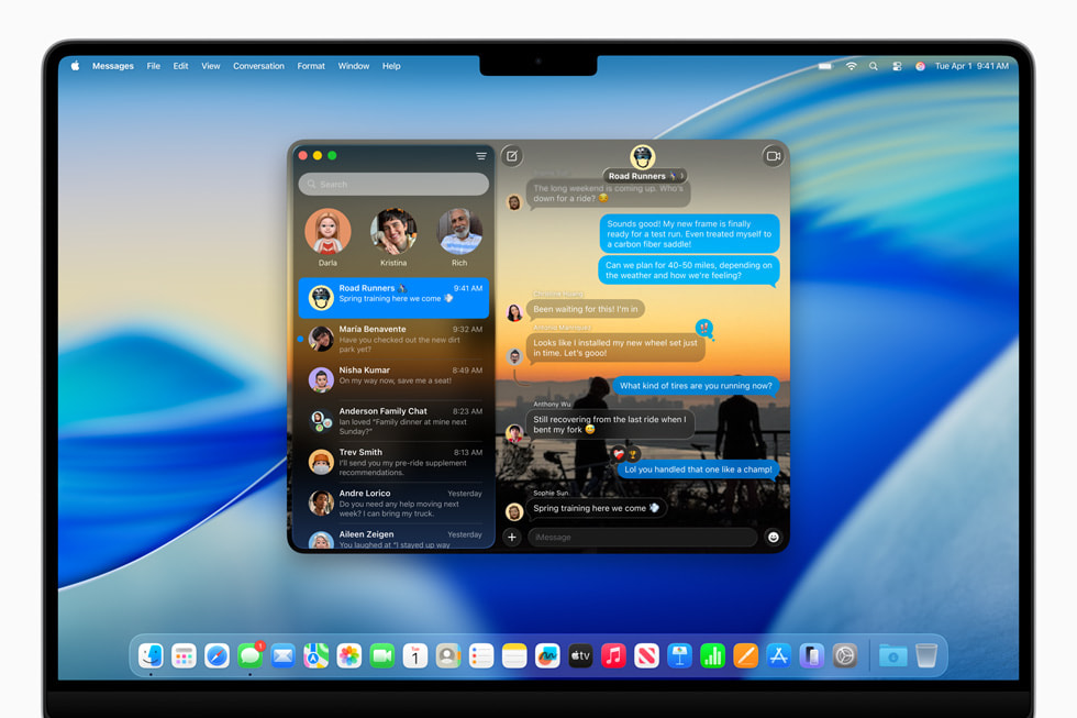 16-inch MacBook Pro shows a conversation in Messages with a Background created from a sunset photo.