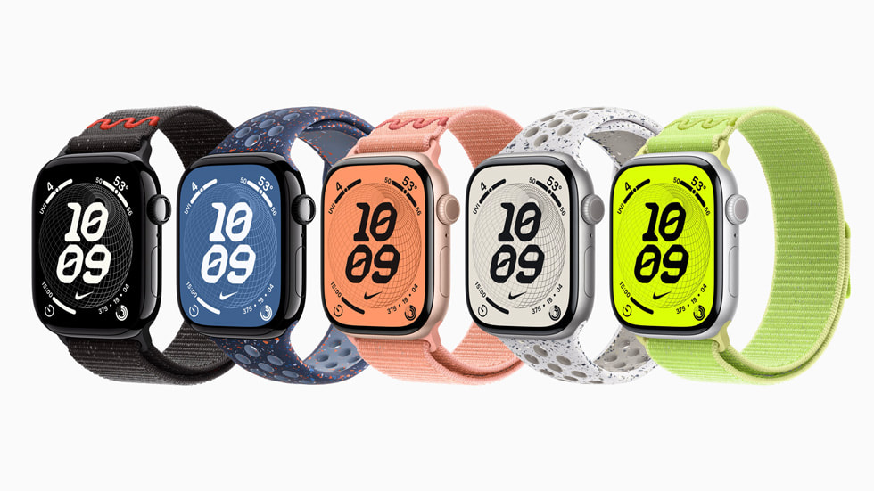 An array of Nike Sport Band colors on Apple Watch Series 11.