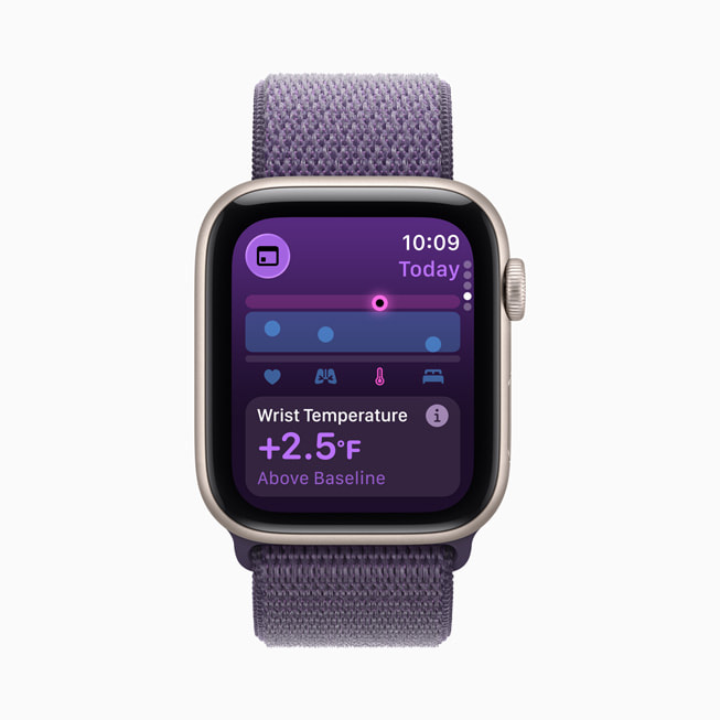 An image of an Apple Watch SE 3 displaying wrist temperature sensing details.