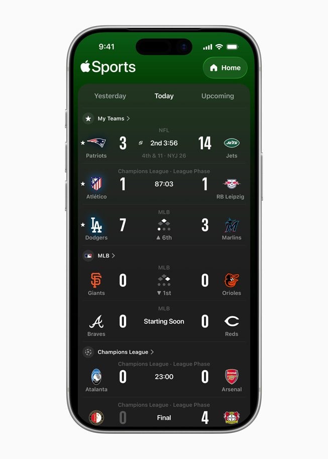 iPhone 17 Pro shows an Apple Sports screen with various games in various leagues displayed.