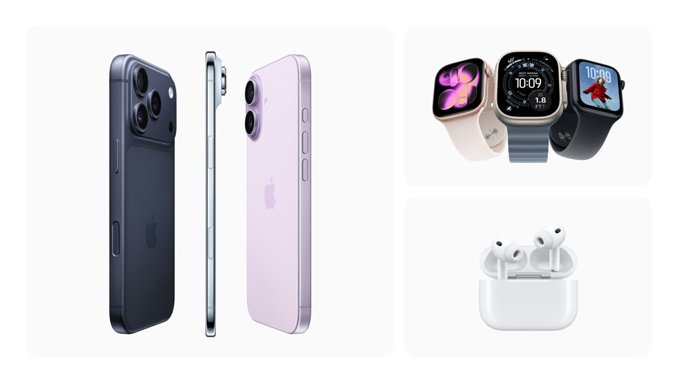 A collage of three images, showcasing 1) the iPhone 17 lineup and iPhone Air; 2) Apple Watch Series 11, Apple Watch Ultra 3, and Apple Watch SE 3; and AirPods Pro 3.