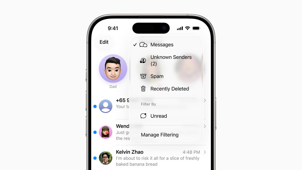 An image of scam protection features on the Messages app on iPhone.