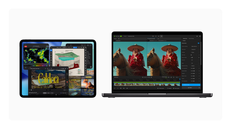 iPad Pro de 11 y 13 pulgadas y un MacBook Pro de 14 pulgadas en negro espacial